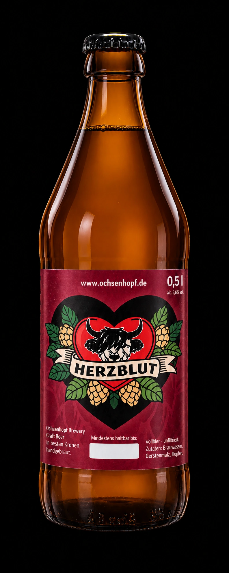 Herzblut in der braunen 0,5-Liter-Flasche mit rotem Etikett